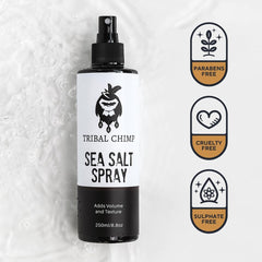 Tribal Chimp Sea Salt Spray used on damp hair for easy styling.