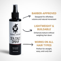 Tribal Chimp Sea Salt Spray on textured hair for a matte finish.