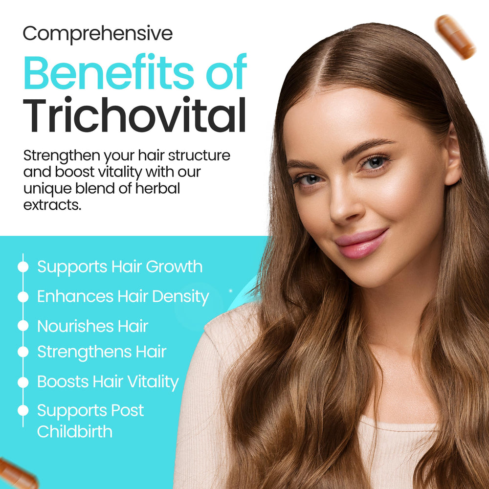 Trichovital packaging box with product details and ingredients.