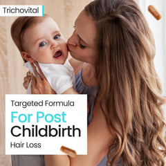 Trichovital lifestyle shot with a woman and the bottle.