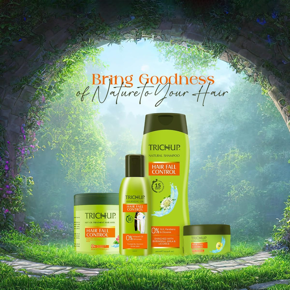 TRICHUP hair-care routine scene with product applied to damp hair.