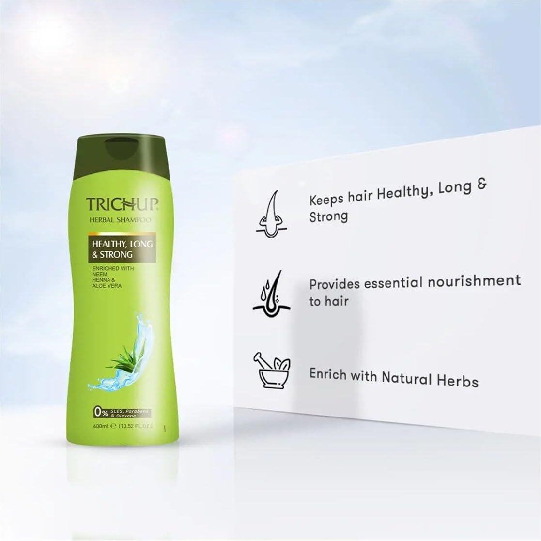 TRICHUP bottle on wood background highlighting a paraben-free formula