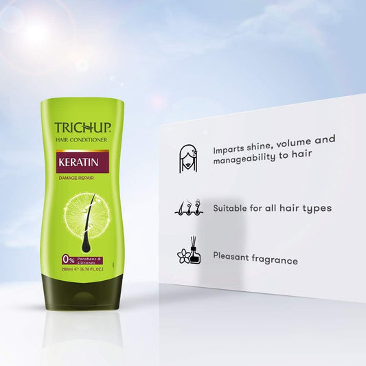 TRICHUP Keratin Conditioner bottle highlights conditioning strength for smoother, more manageable hair.