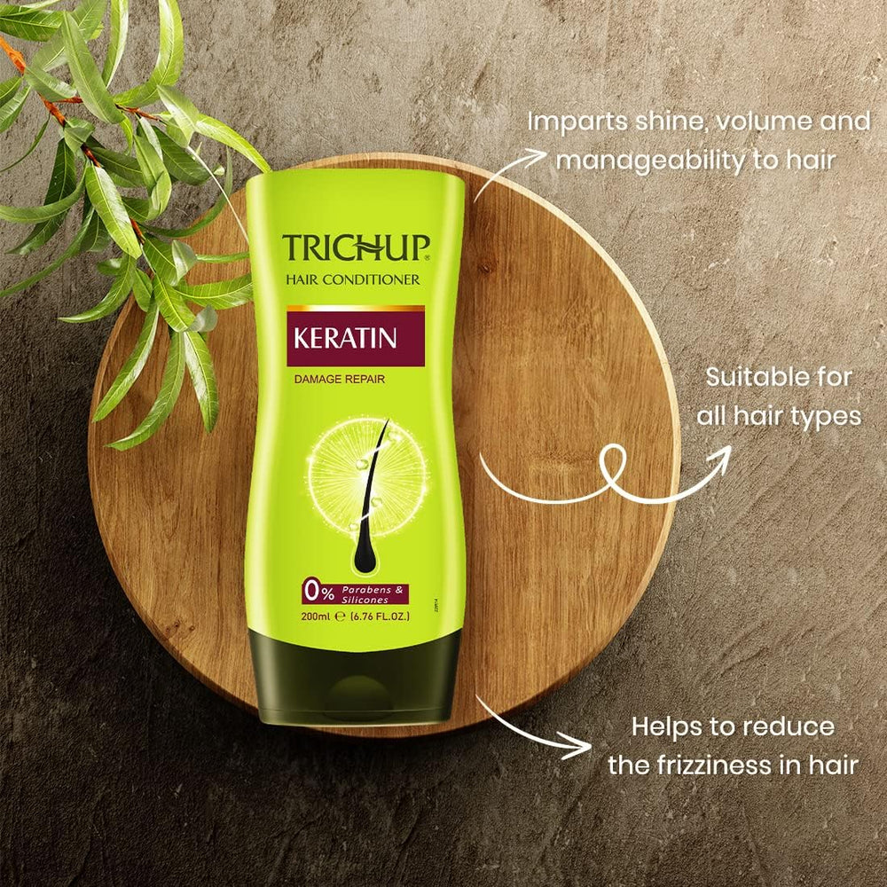 TRICHUP Keratin Hair Shine close-up demonstrates glossy, healthy-looking strands.