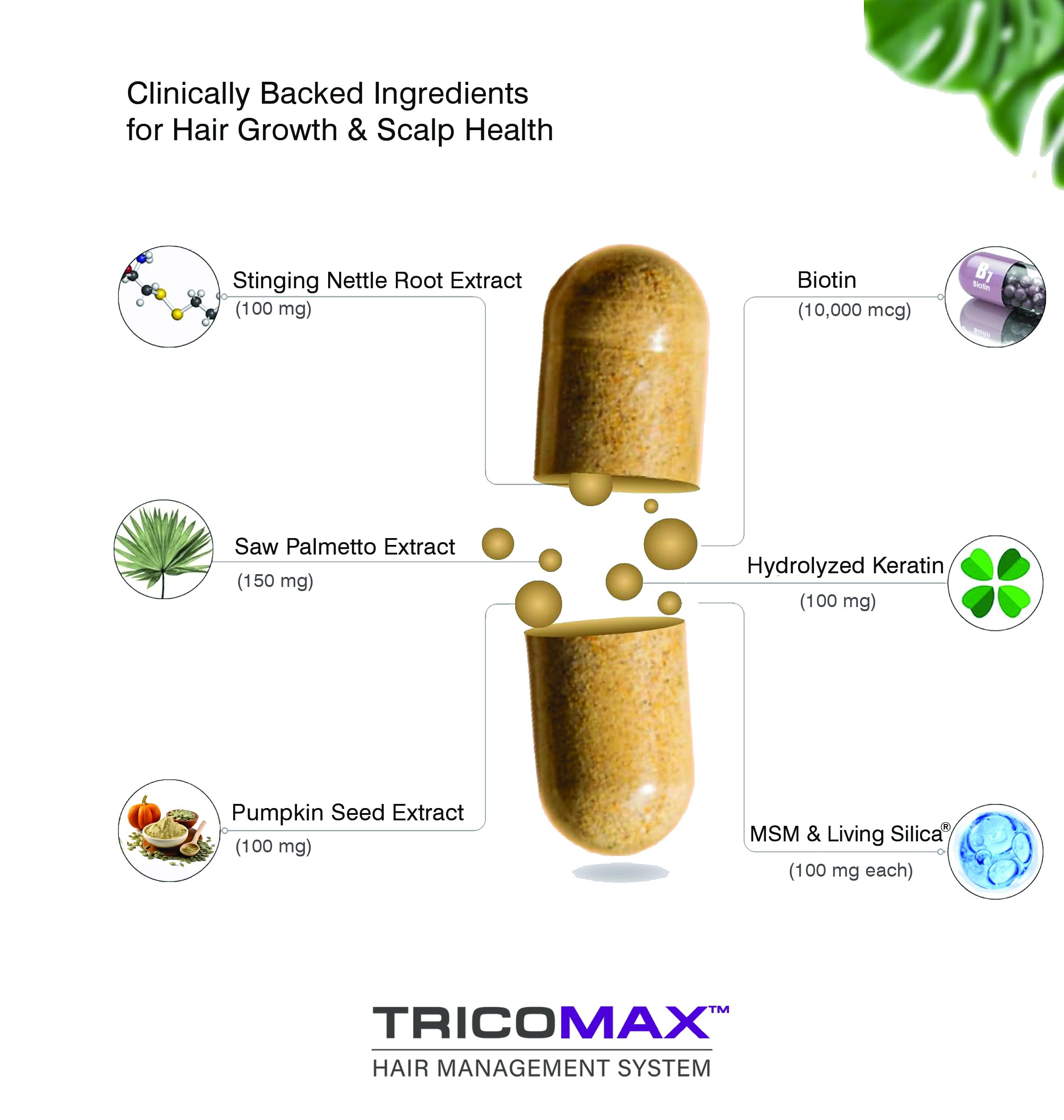 Tricomax capsules close-up highlighting a vegan, drug-free formula for daily use.