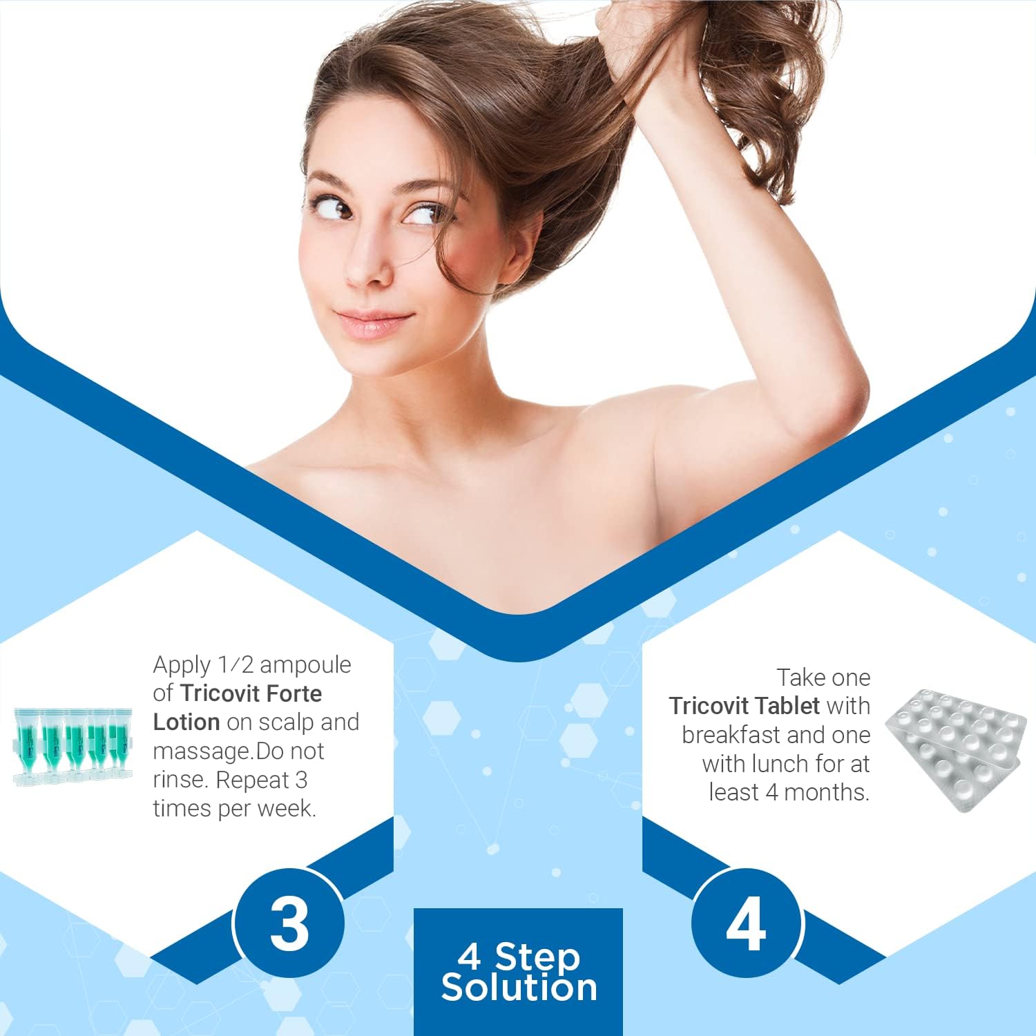 Tricovit morning routine scene with refreshed hair texture.