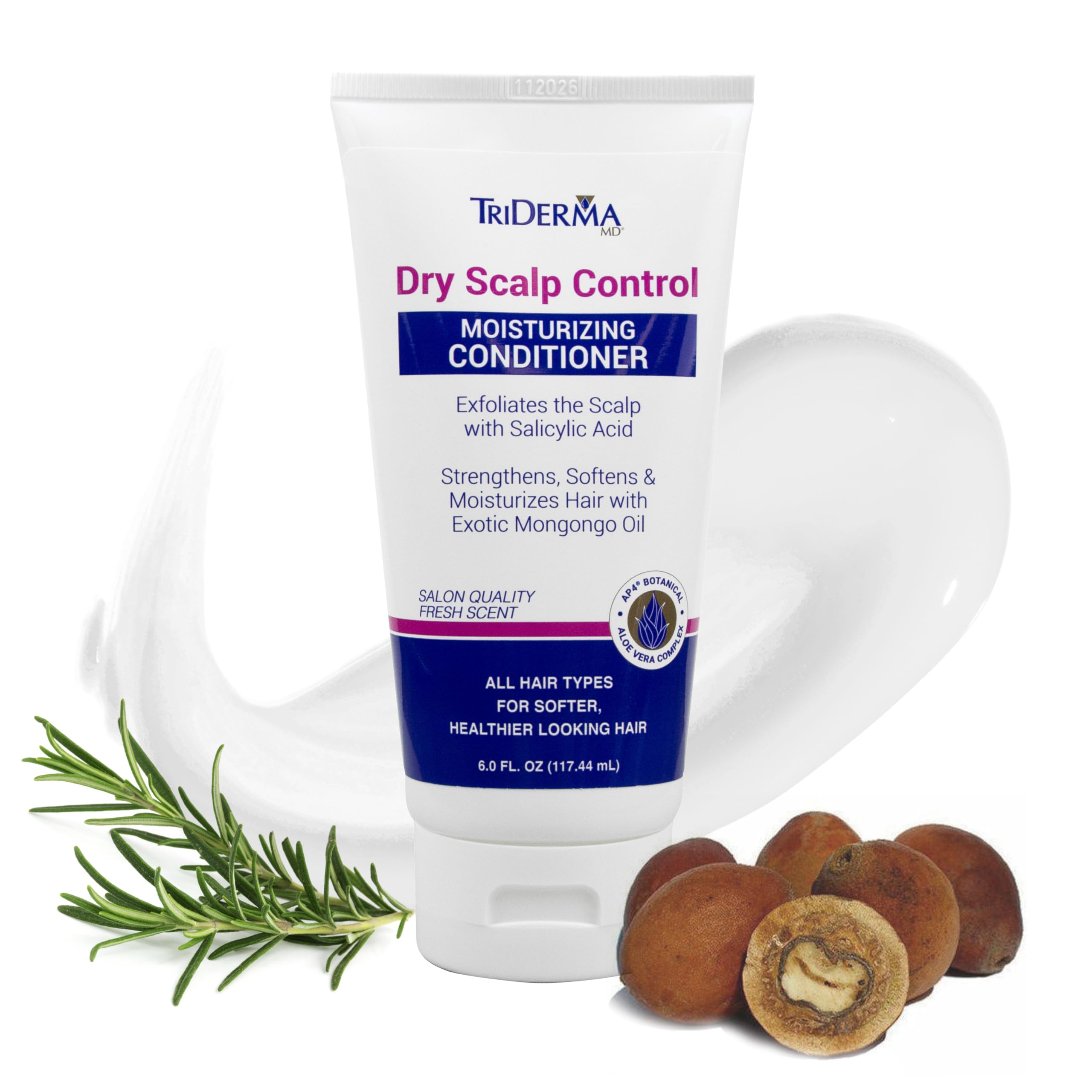 TriDerma Dry Scalp Control conditioner bottle pouring for deep hydration and scalp nourishment.
