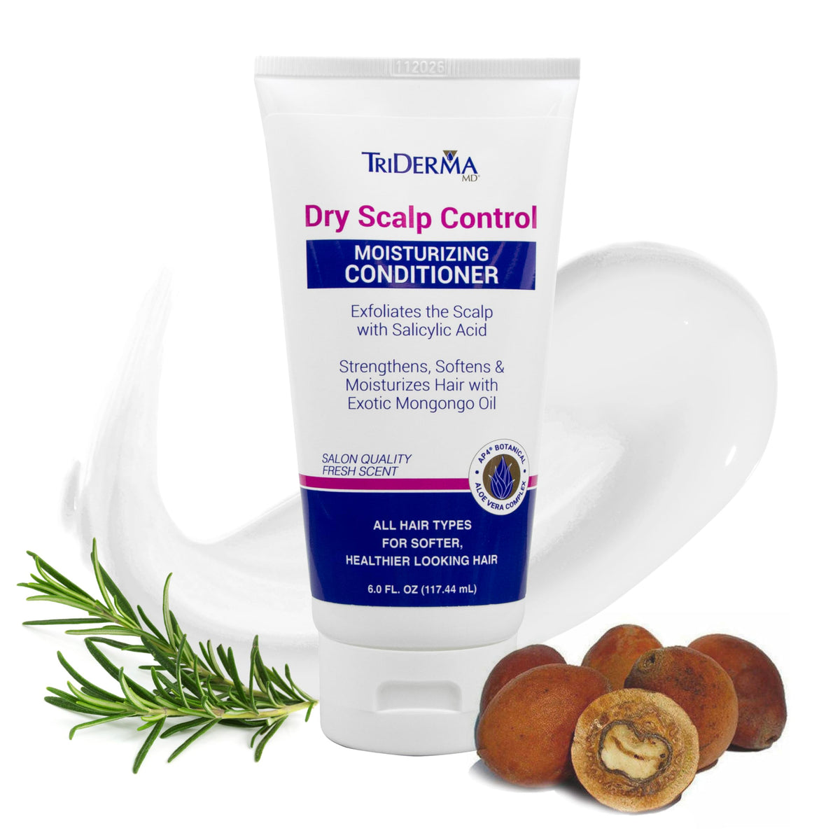 TriDerma Dry Scalp Control conditioner bottle pouring for deep hydration and scalp nourishment.
