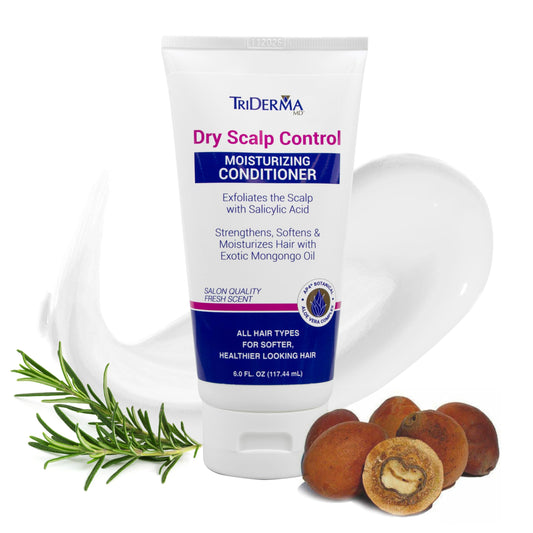 TriDerma Dry Scalp Control conditioner bottle pouring for deep hydration and scalp nourishment.