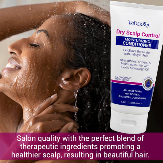 TriDerma Dry Scalp Control conditioner bottle side view highlighting rich conditioning.