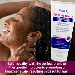 TriDerma Dry Scalp Control conditioner bottle side view highlighting rich conditioning.