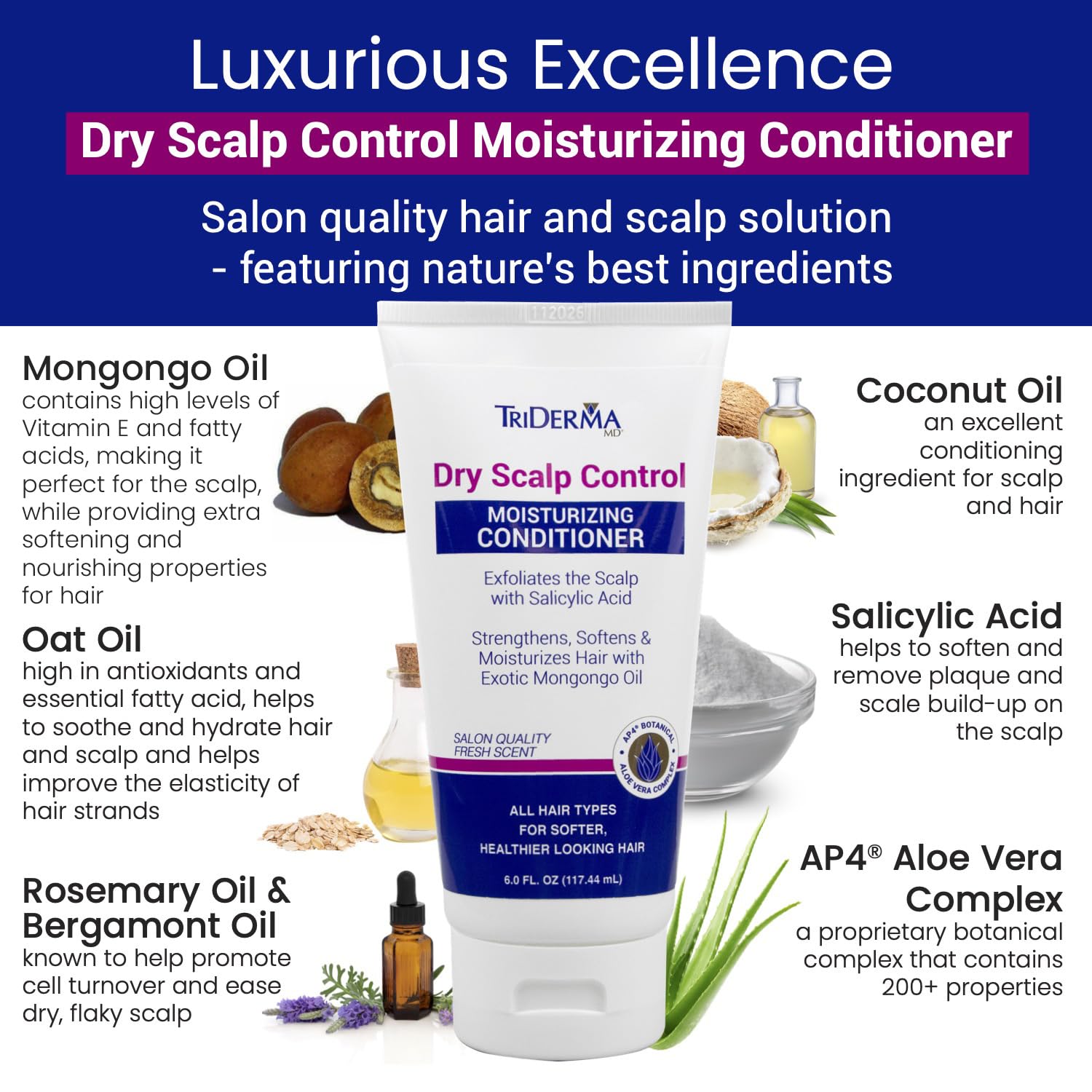 TriDerma Mongongo oil bottle emphasizes nourishing scalp care from natural oils.