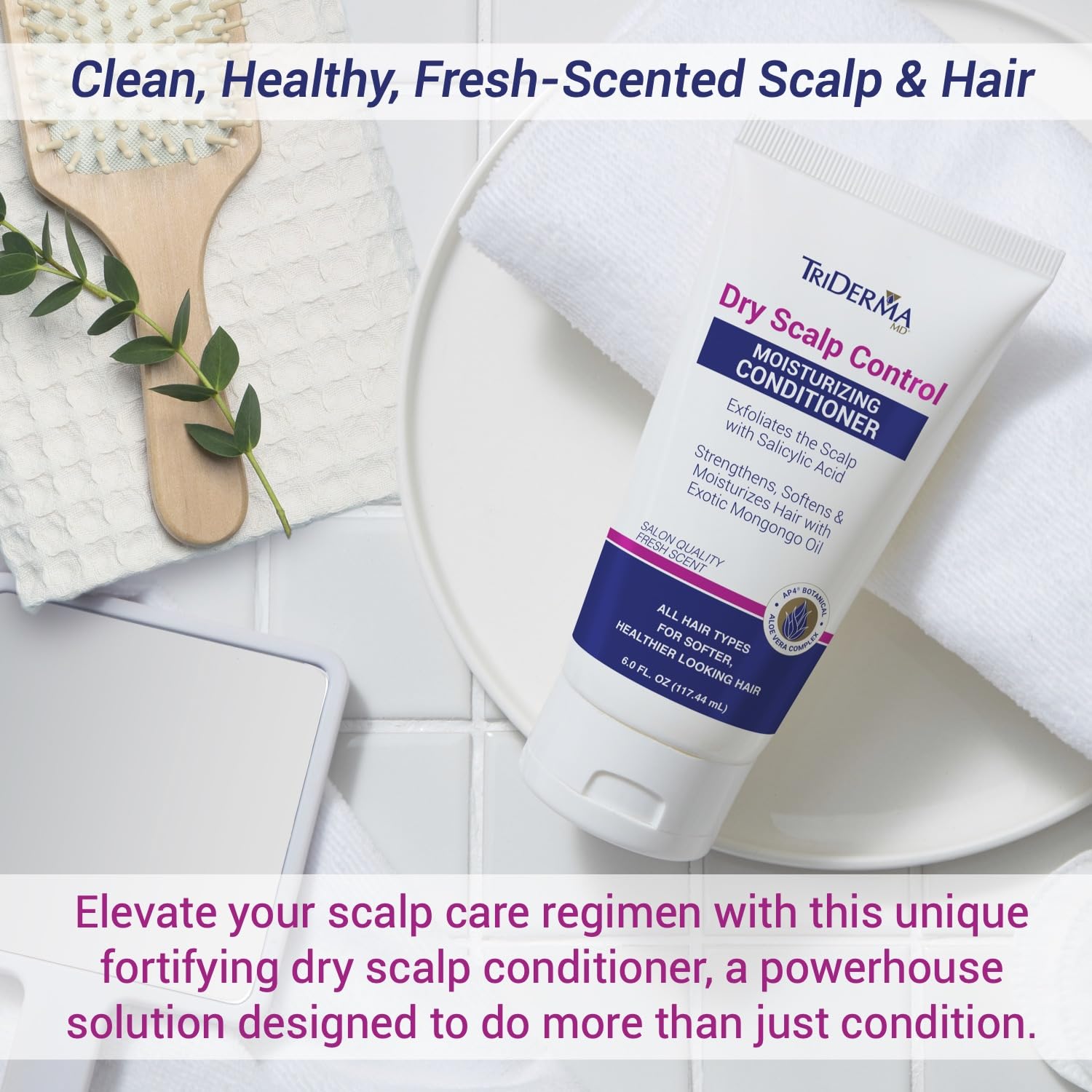 TriDerma Rosemary oil bottle shows invigorating scalp hydration.