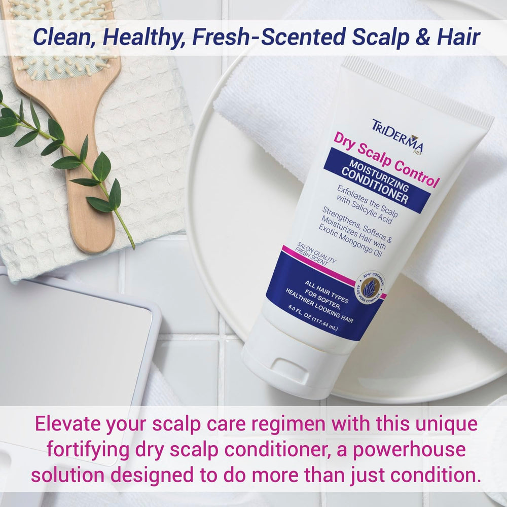 TriDerma Rosemary oil bottle shows invigorating scalp hydration.