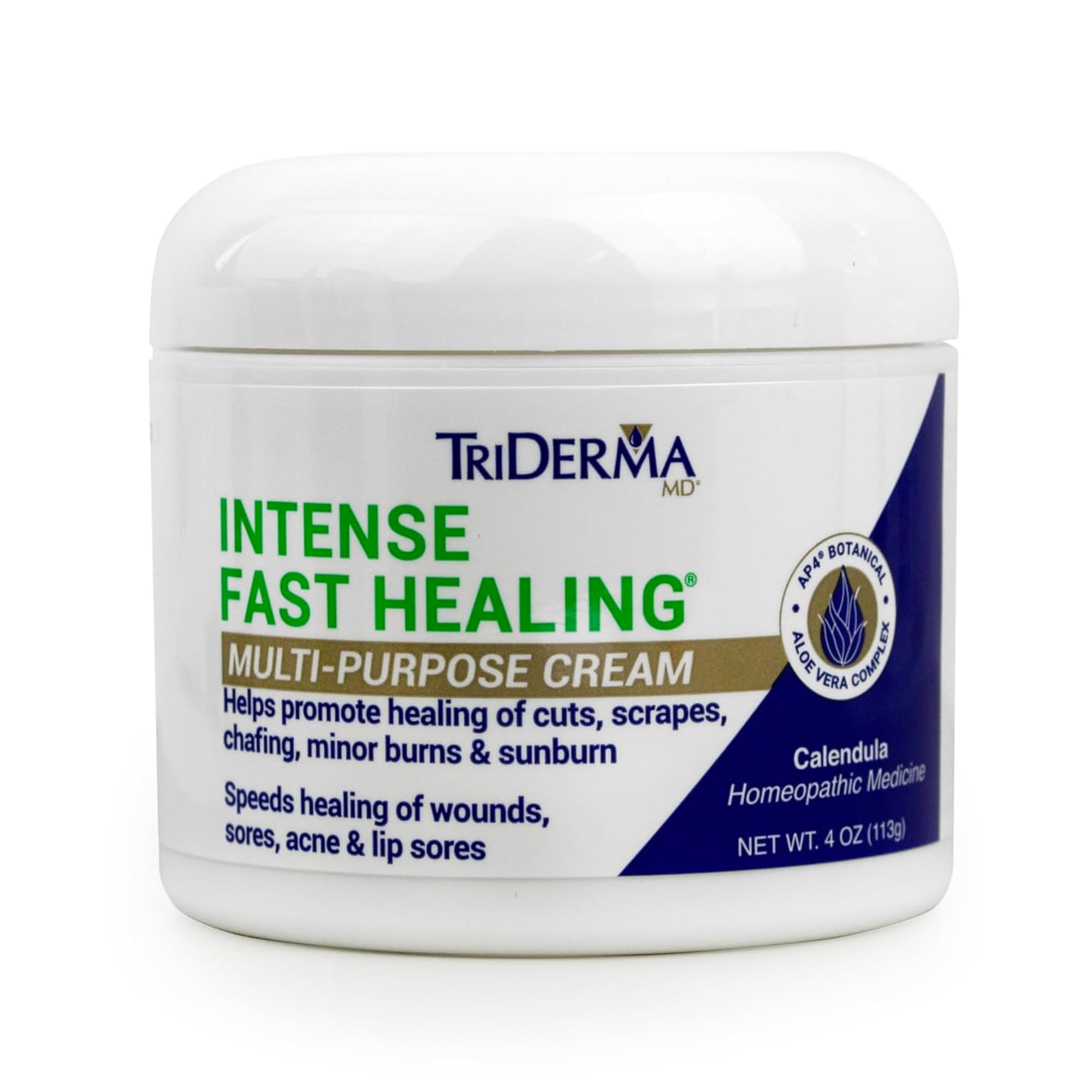 TriDerma Intense Fast Healing Cream bottle shows quick skin relief for minor irritations