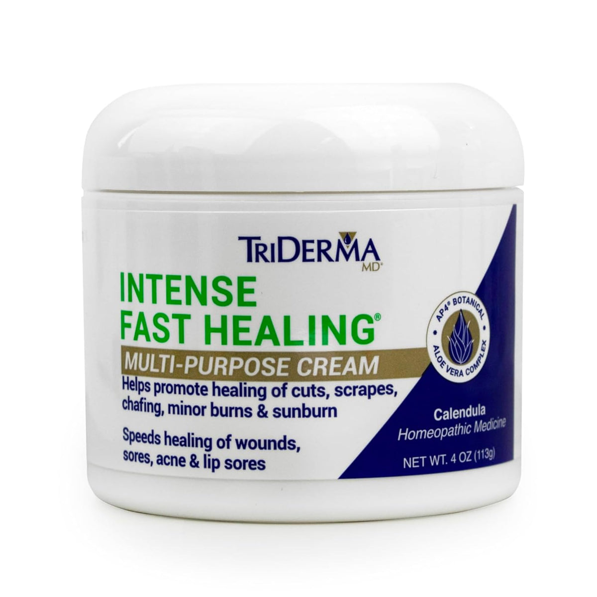 TriDerma Intense Fast Healing Cream bottle shows quick skin relief for minor irritations
