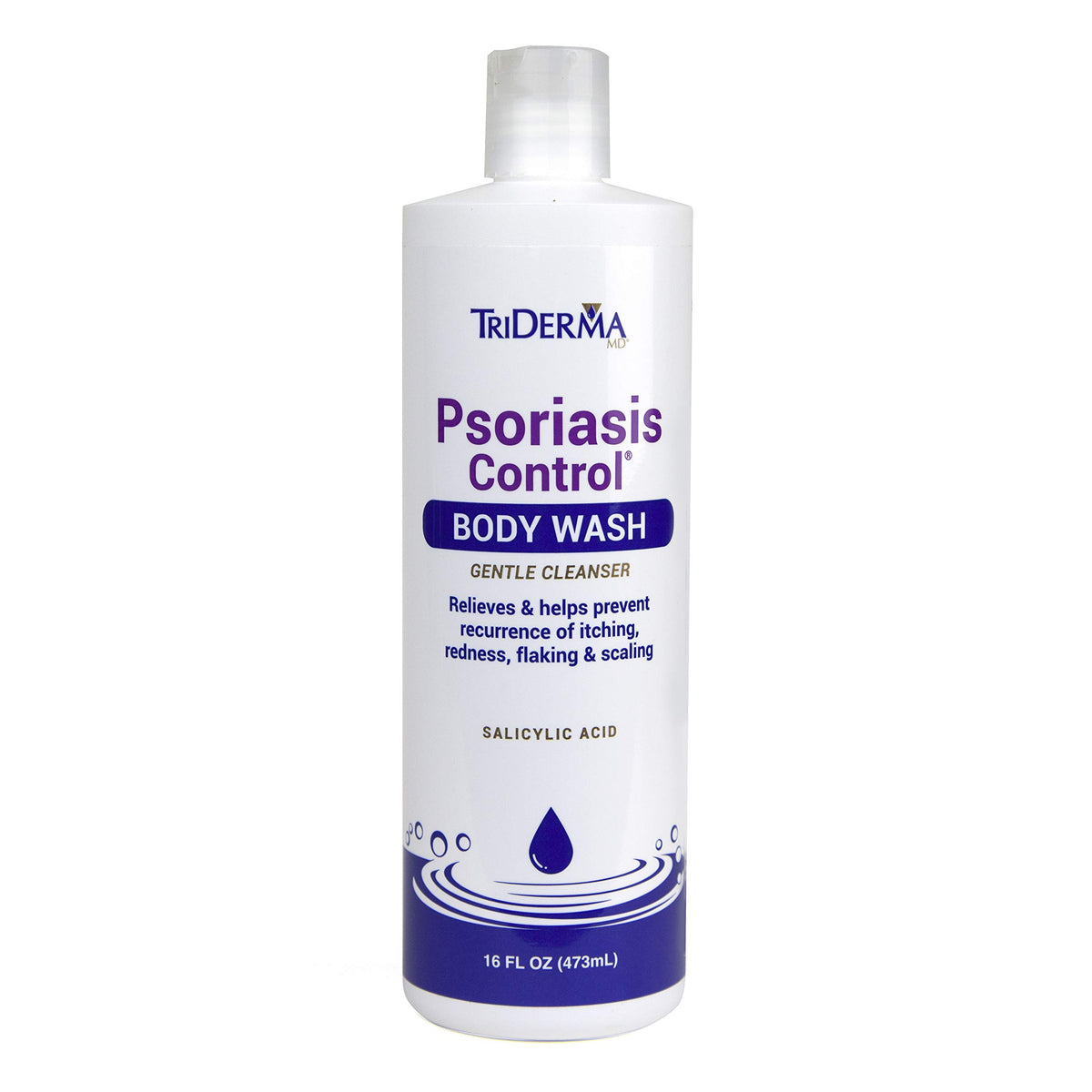 TriDerma Psoriasis Body Wash bottle highlighting 2% salicylic acid for daily cleansing