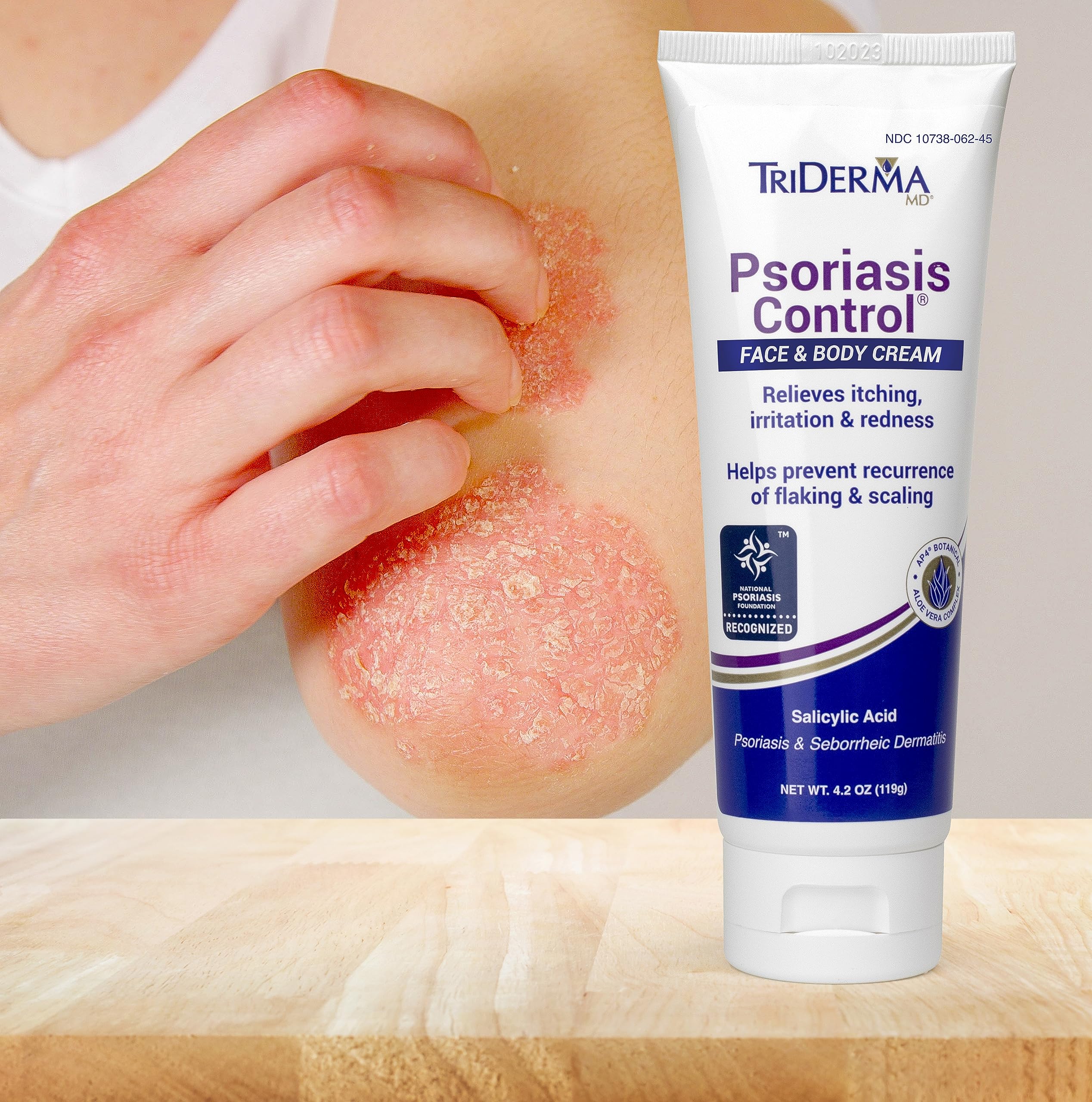 TriDerma Psoriasis Control Cream after-application glow suggests immediate comfort.