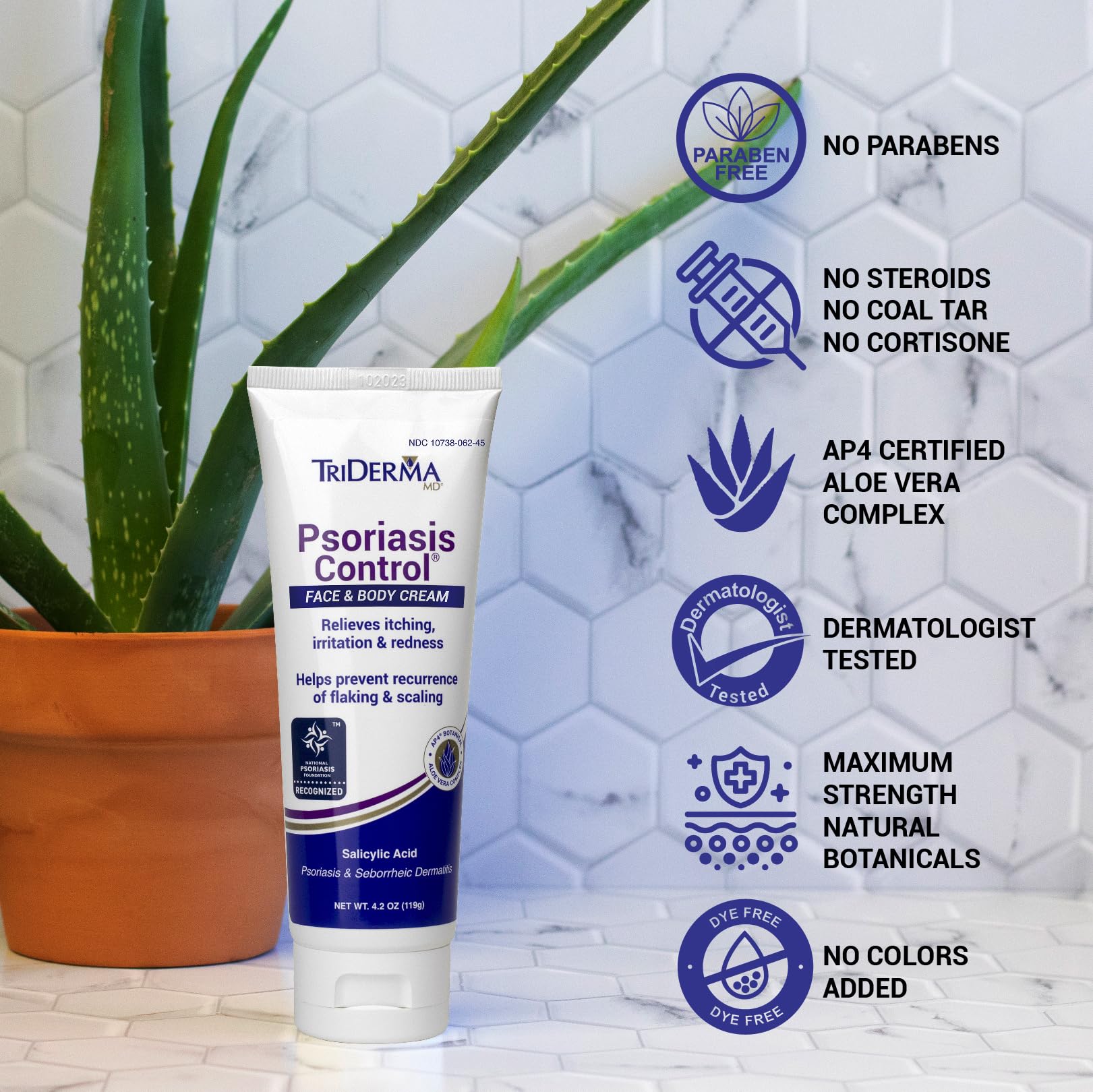 TriDerma Psoriasis Control Cream texture closeup displays rich yet non-oily feel.