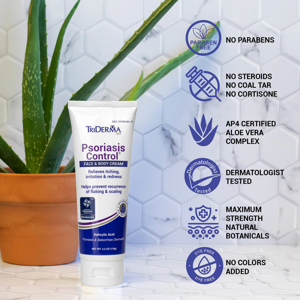 TriDerma Psoriasis Control Cream texture closeup displays rich yet non-oily feel.