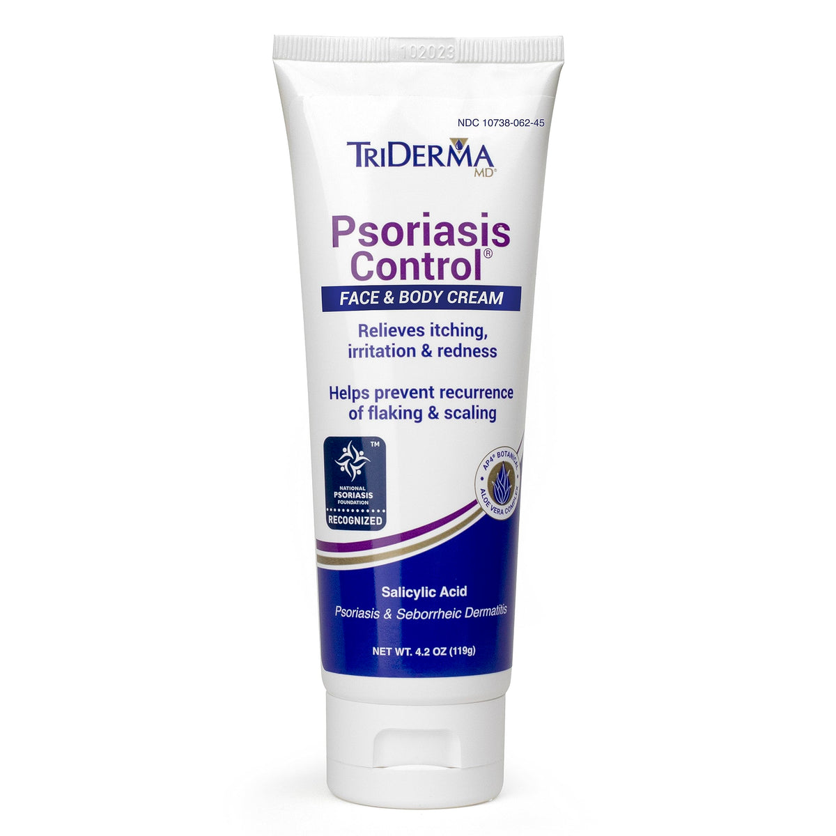 TriDerma Psoriasis Control Cream tub front shows a non-greasy formula ideal for daily use.