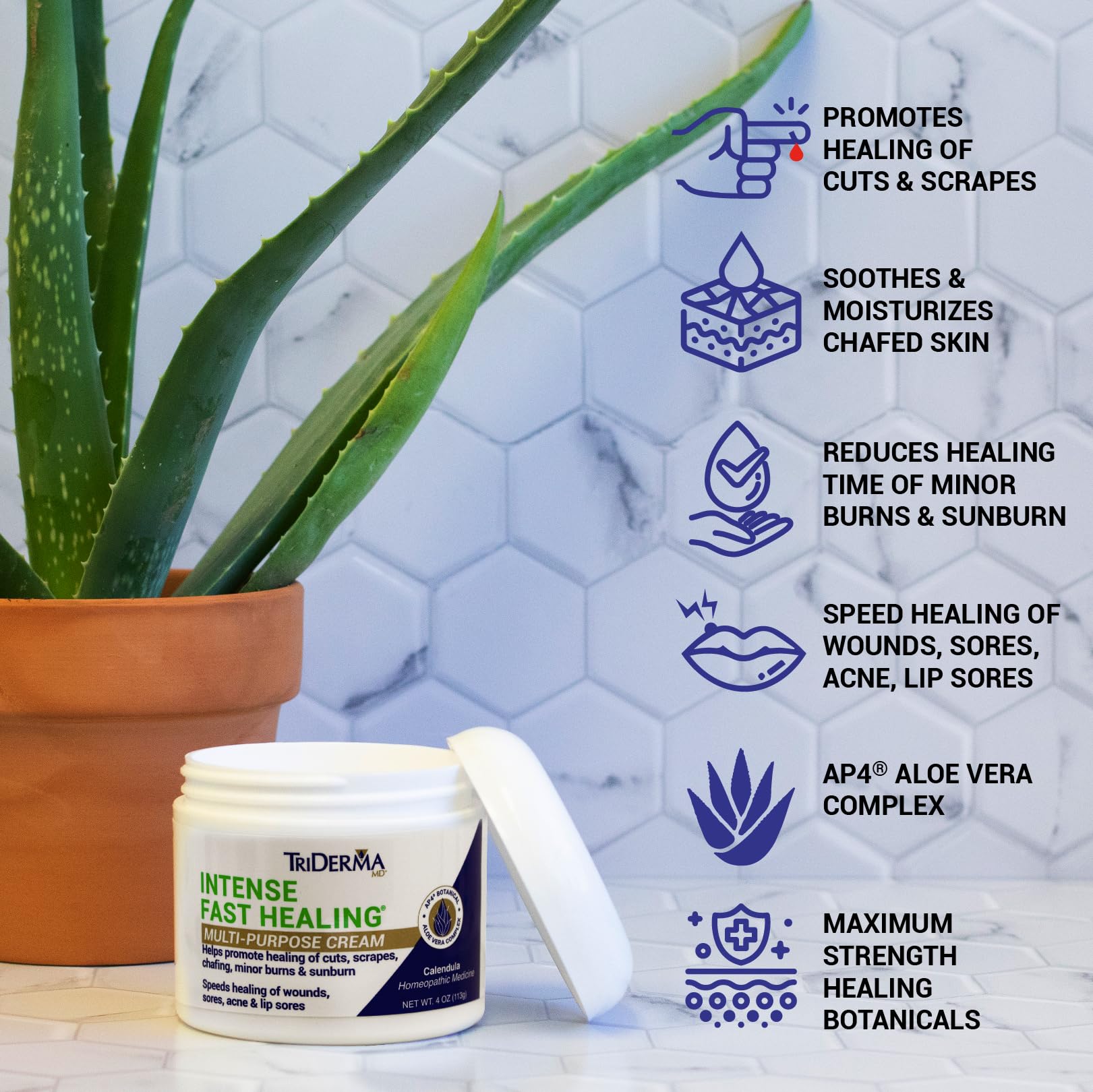TriDerma skin soothing cream closeup showing quick absorption without greasiness