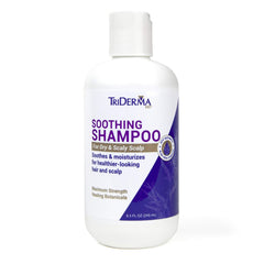TriDerma Soothing Shampoo bottle front, coal tar free formula for gentle scalp care.