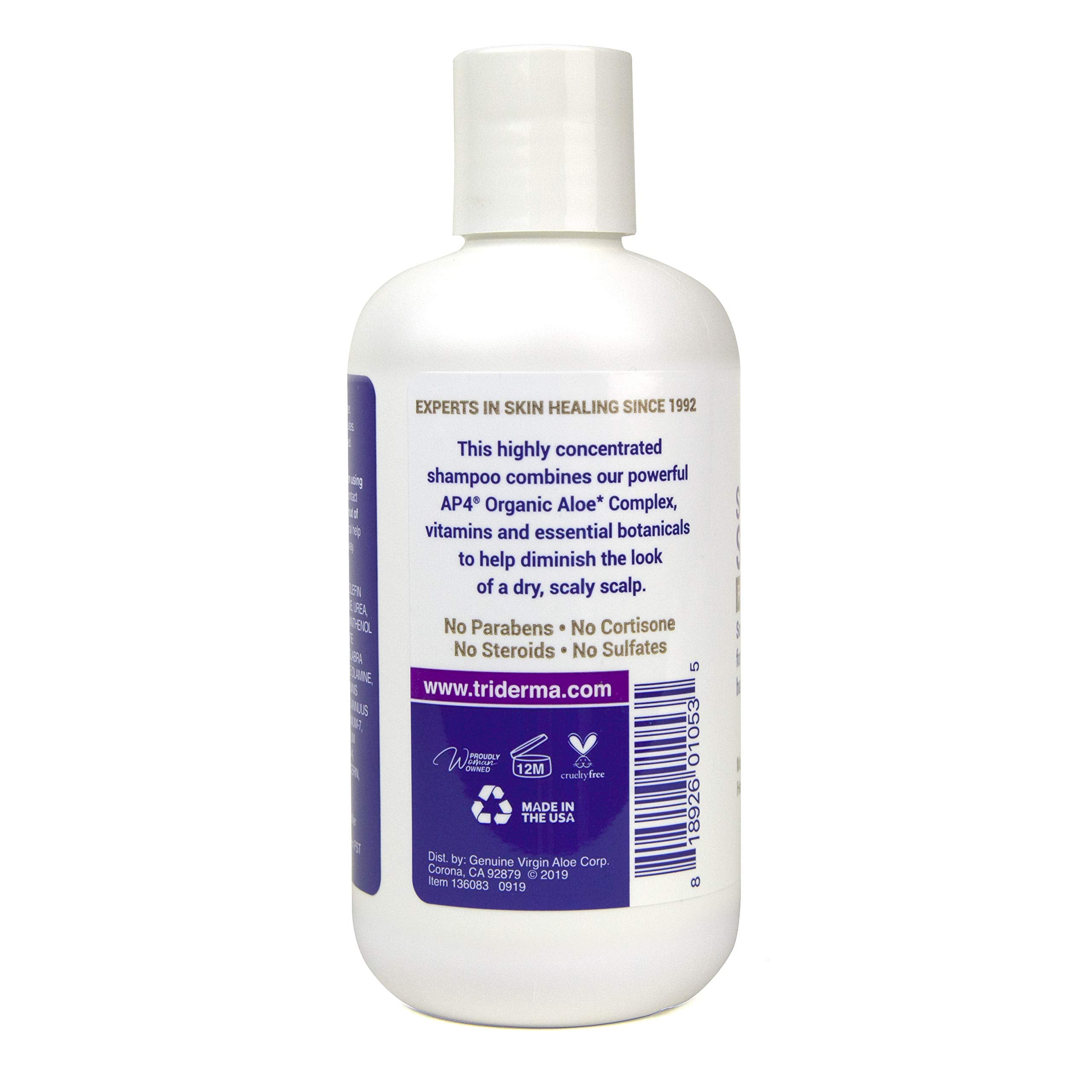 TriDerma Soothing Shampoo bottle pour, shows easy dosage and usage.