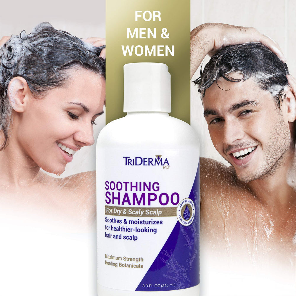 TriDerma Soothing Shampoo label closeup, highlights natural botanicals and aloe infusion.