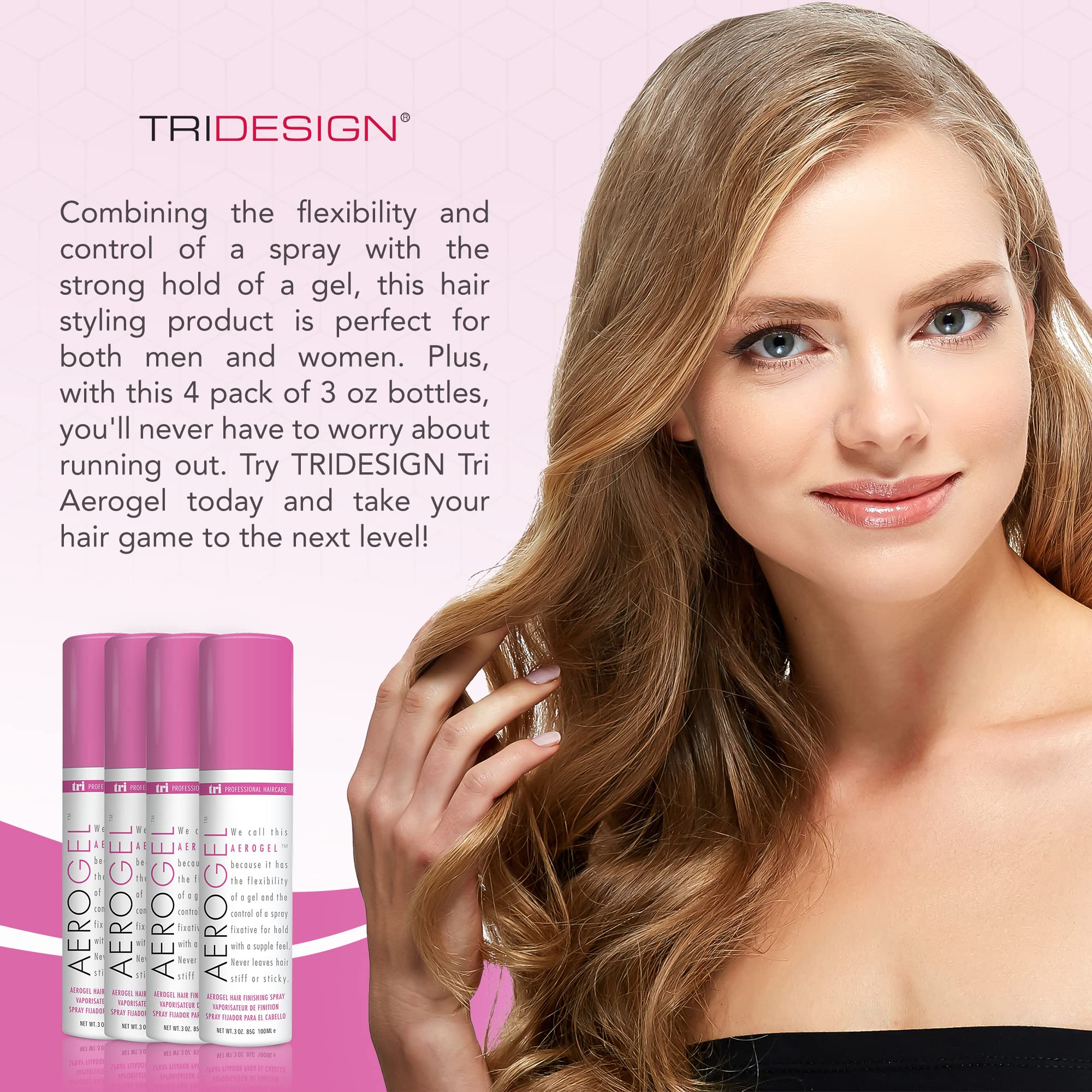 TRIDESIGN Aerogel hairspray works for all hair types with lightweight hold.