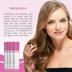 TRIDESIGN Aerogel hairspray works for all hair types with lightweight hold.