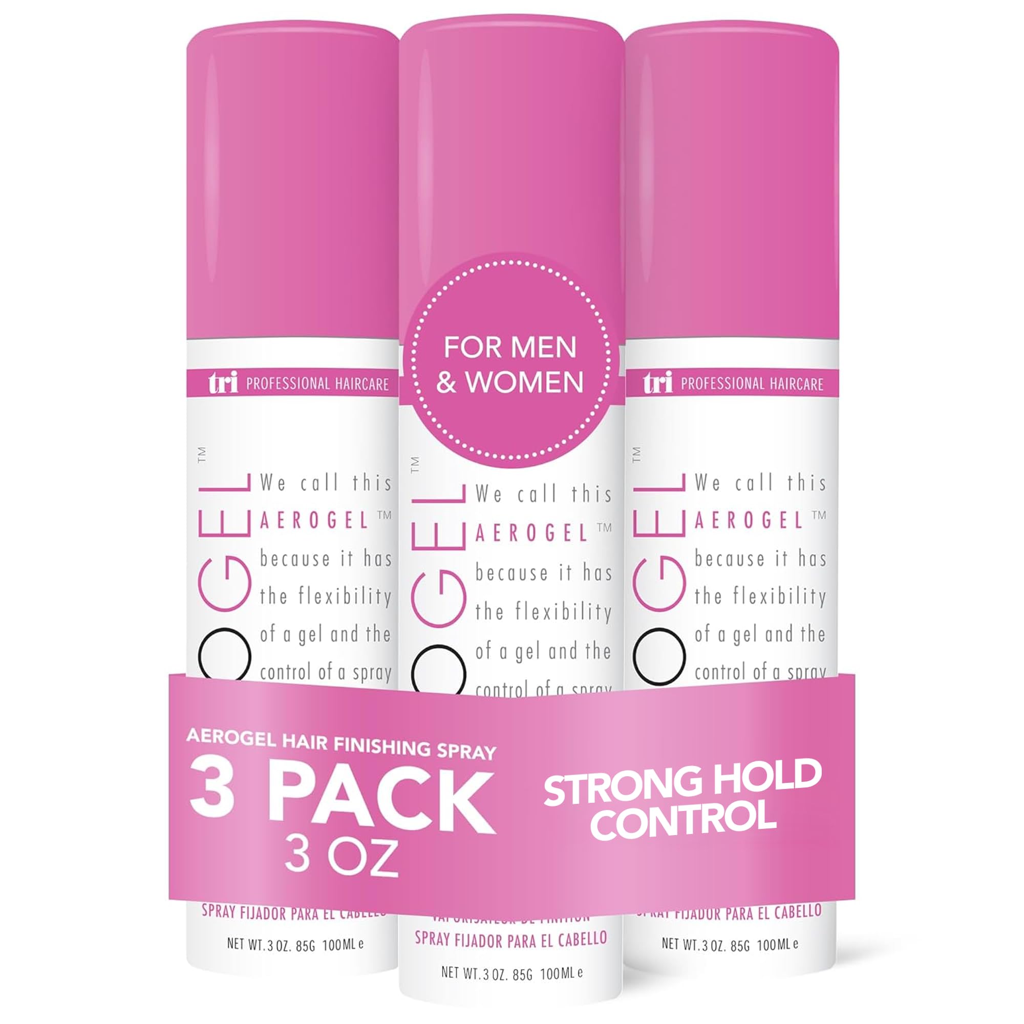 TRIDESIGN Aerogel Hairspray bottle front showing strong, touchable hold