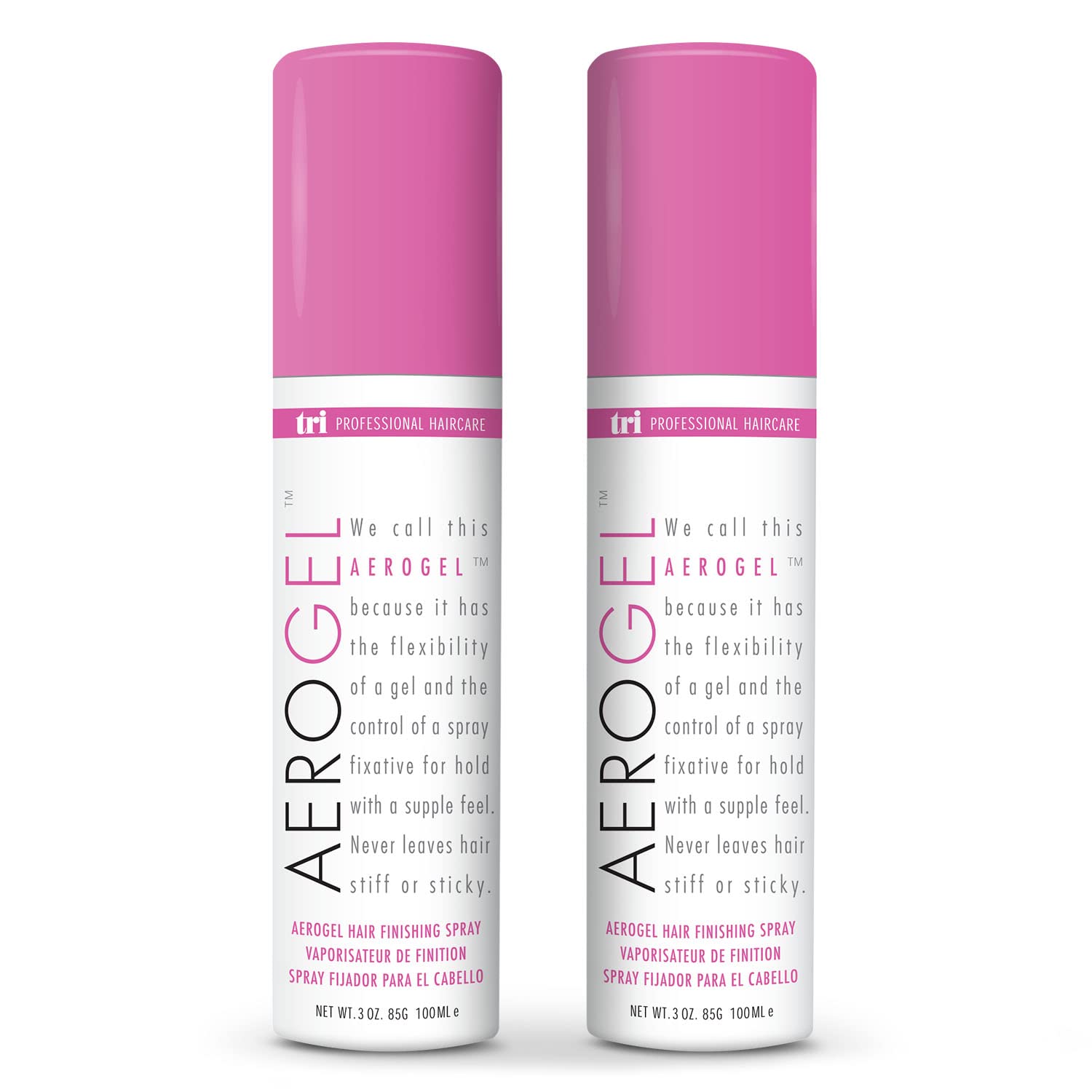 TRIDESIGN Aerogel hairspray bottle for strong, flexible hold and shine.