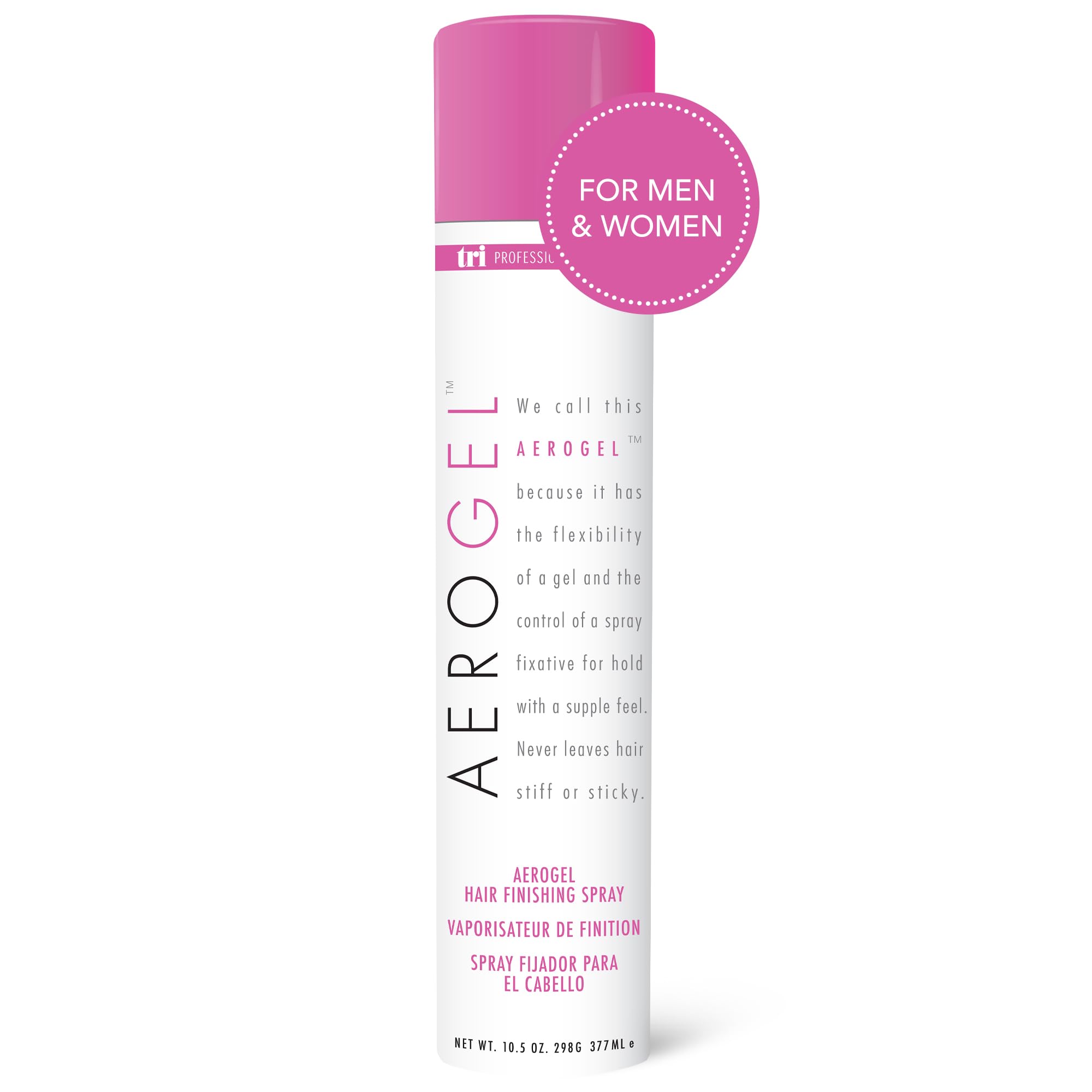 TRIDESIGN Aerogel Hairspray bottle showing premium hold and touchable finish.