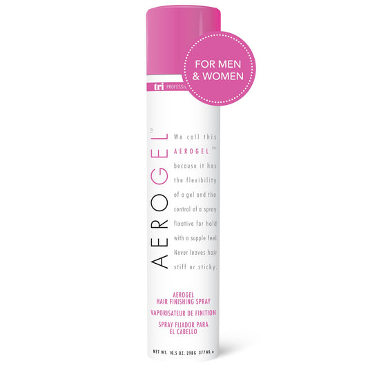 TRIDESIGN Aerogel Hairspray bottle showing premium hold and touchable finish.