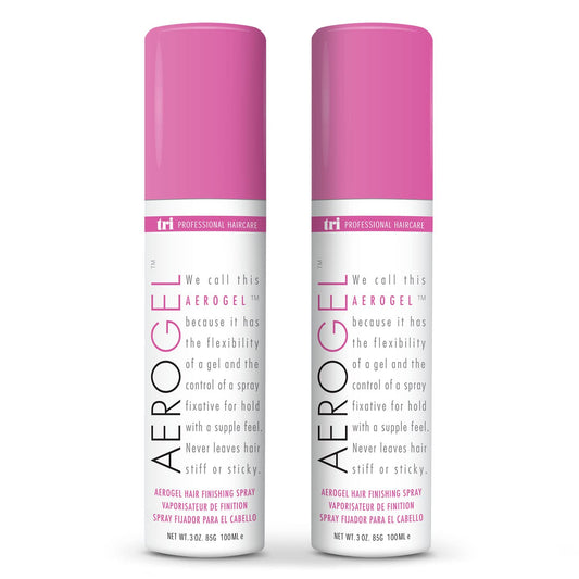 TRIDESIGN Aerogel hairspray bottle for strong, flexible hold and shine.