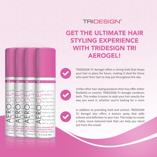 TRIDESIGN Aerogel hairspray spray demonstrates flexible, touchable finish.