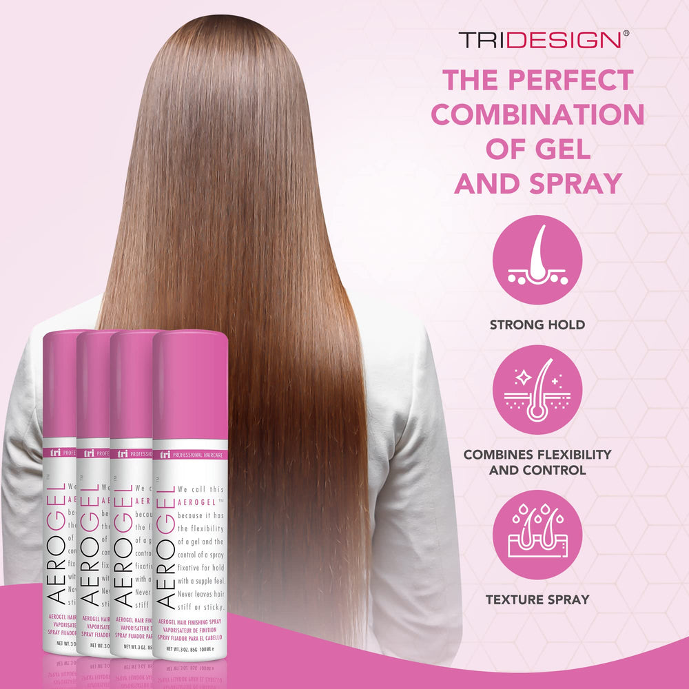 TRIDESIGN Aerogel hairspray shines with fresh, healthy-looking hair all day.