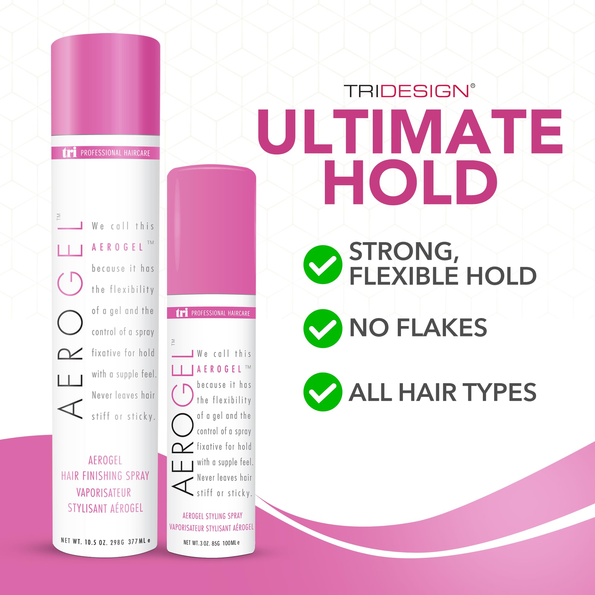 TRI Design Aerogel hairspray mid-bottle shot highlights strong hold without stiffness