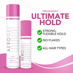 TRI Design Aerogel hairspray mid-bottle shot highlights strong hold without stiffness
