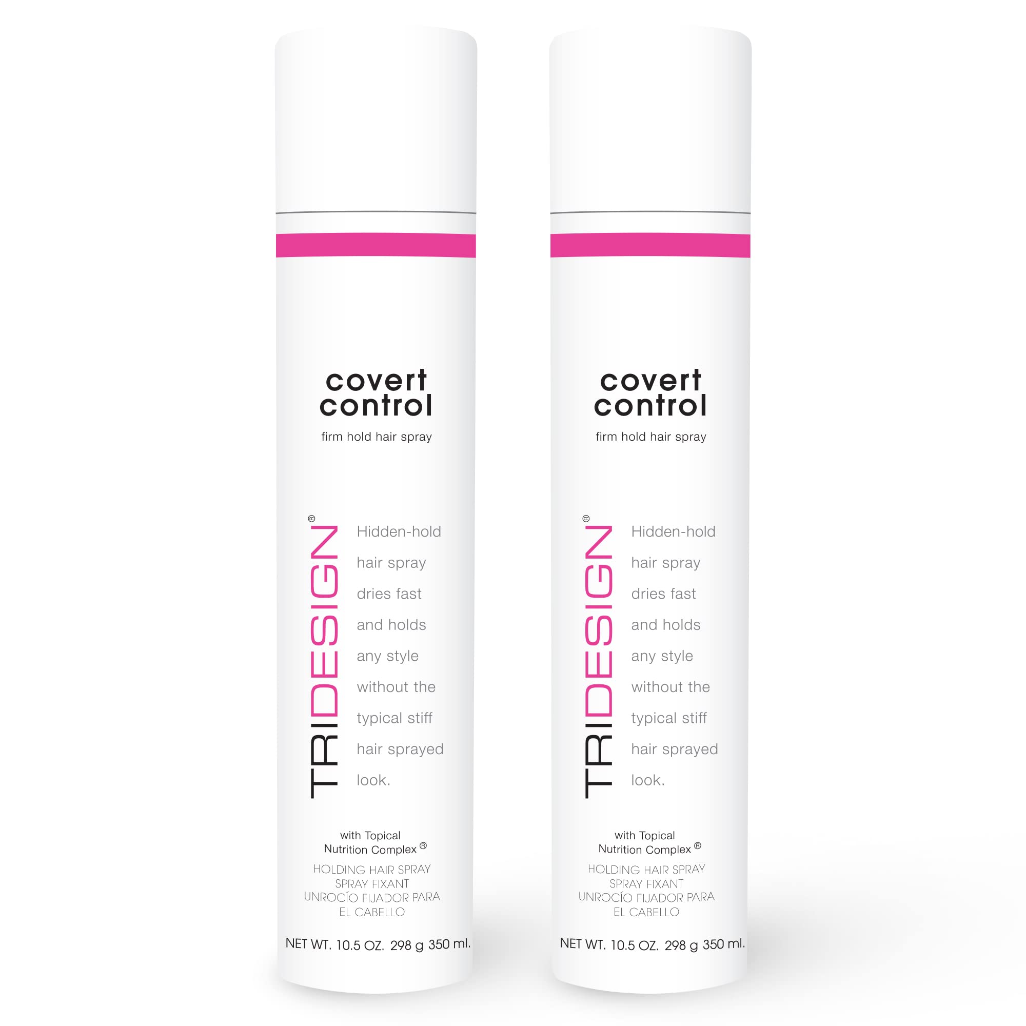 TRI Design Covert Control hairspray bottle with invisible hold for all hair types.
