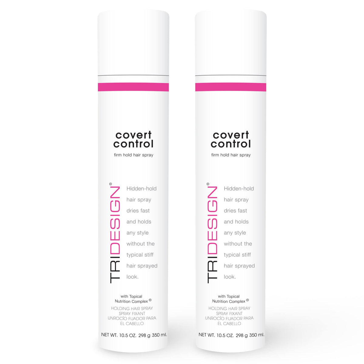TRI Design Covert Control hairspray bottle with invisible hold for all hair types.