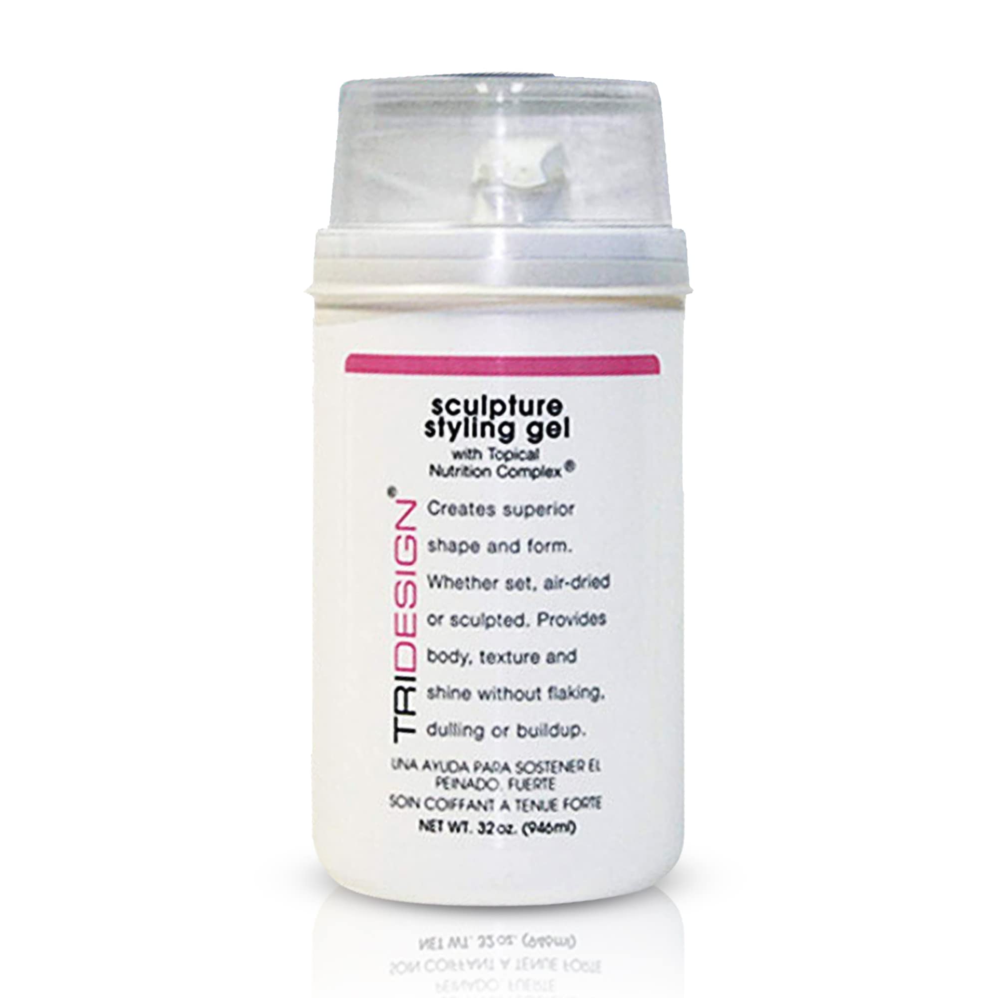 TRIDESIGN Hair Styling Gel bottle showing sleek design and long-lasting shine.