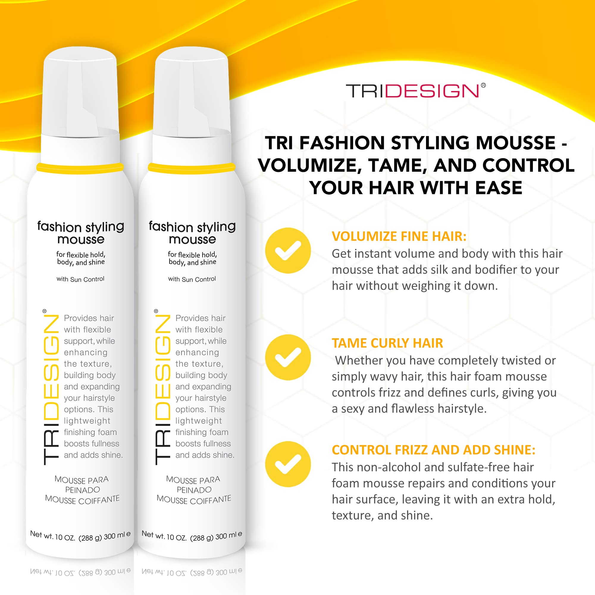 TRI Fashion Volumizing Mousse model with wavy hair demonstrates lift and flexible hold.