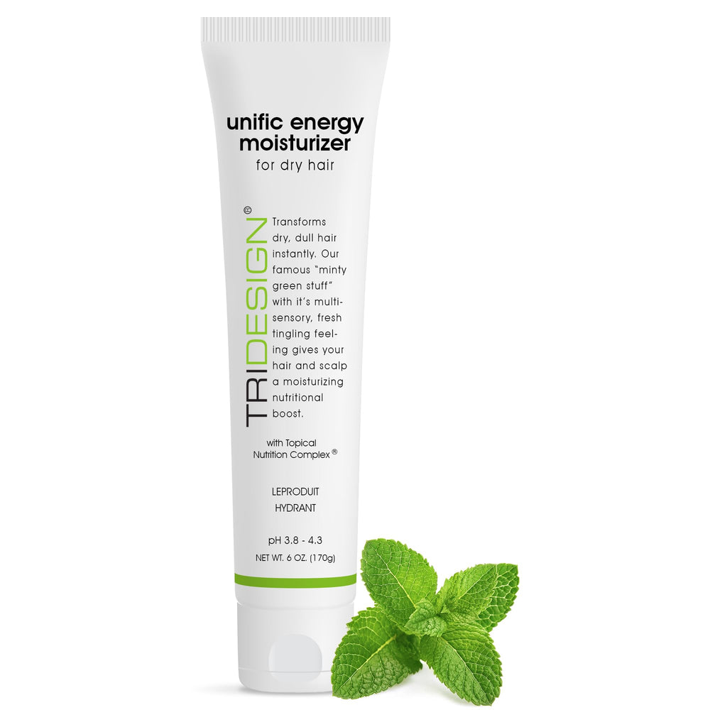 TRIDESIGN Unific Energy bottle pour demonstrates easy application and frizz control on curls.
