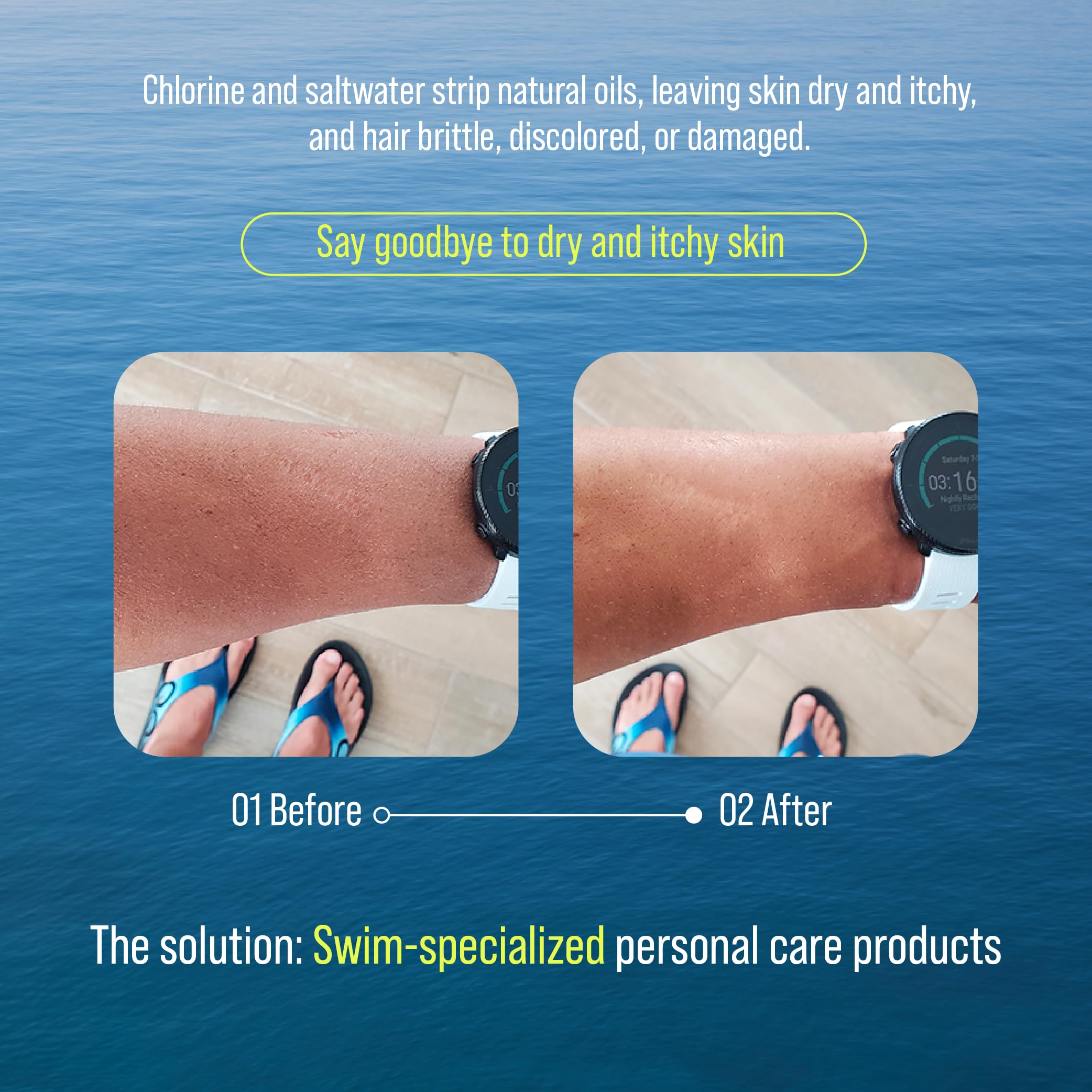 TRIHARD pre-swim application scene for chlorine skin protection.