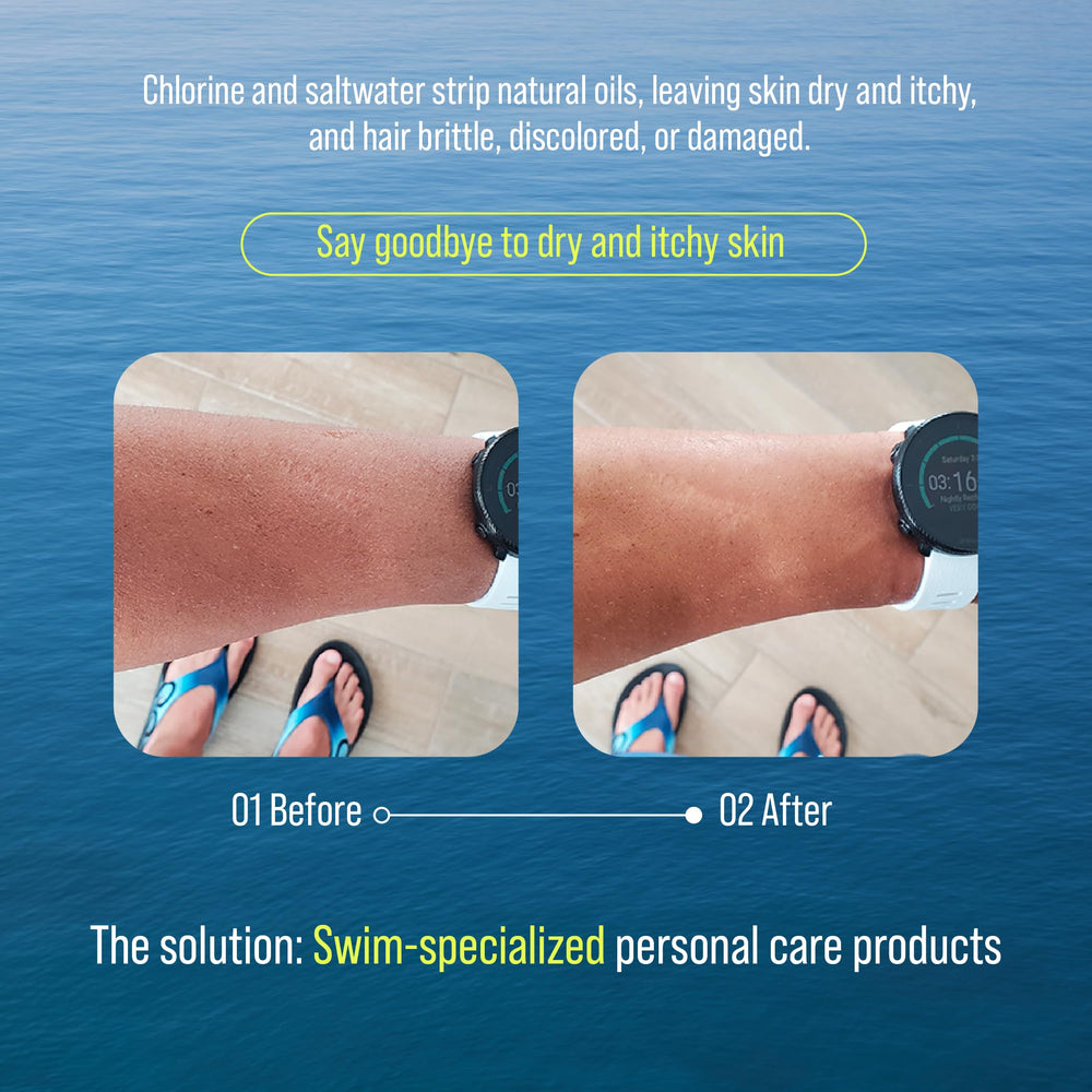 TRIHARD pre-swim application scene for chlorine skin protection.