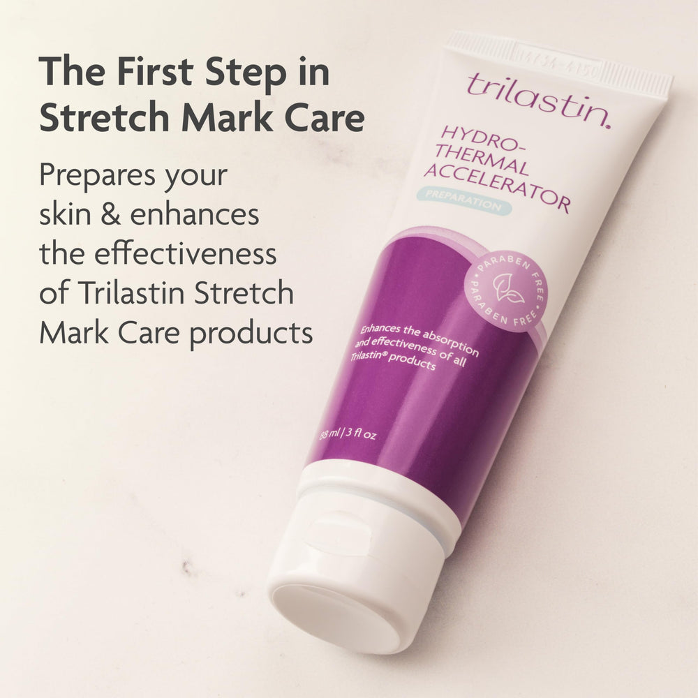 TriLASTIN Hydro-Thermal Accelerator ingredients graphic highlights vitamin-infused skin support.