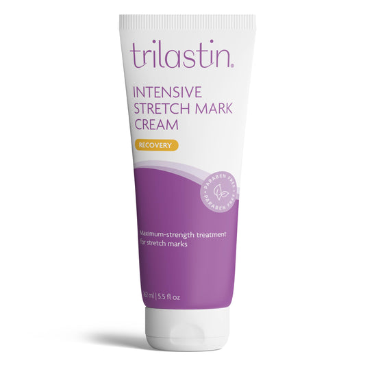 TriLASTIN Stretch Mark Cream bottle top close-up, highlighting fast-absorbing unscented formula.