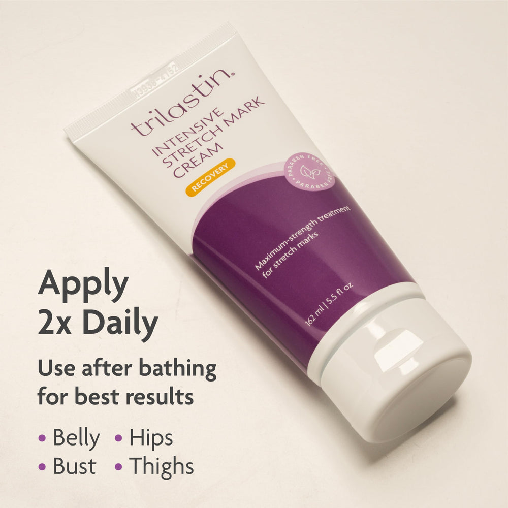 Packaging side view of TriLASTIN Stretch Mark Cream for compact hospital bag readiness.
